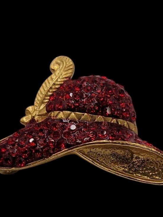 Lauren Spencer Jewelry - VTG Louis Stern LS Red Hat Society Brooch Pin Gold Tone Red Rhinestone Feather